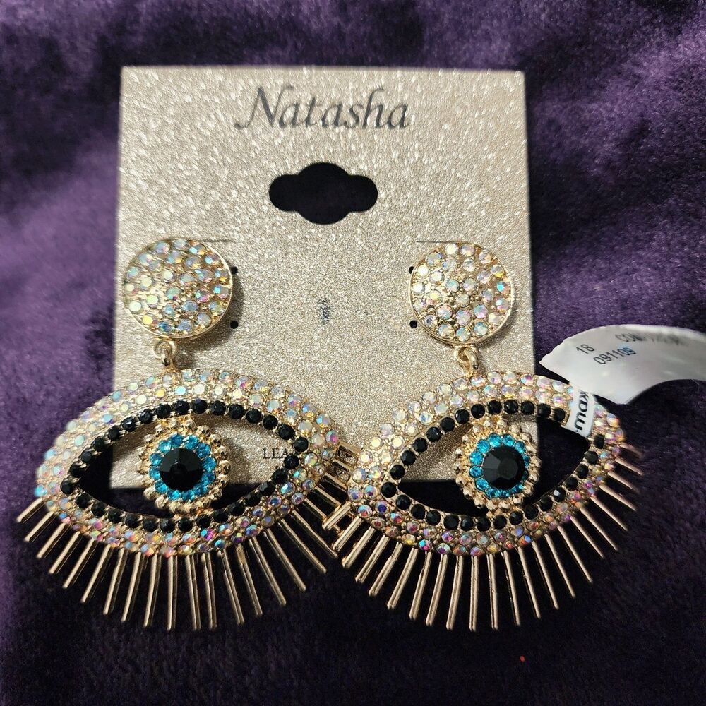 NATASHA EVIL EYE STATEMENT EARRINGS AB CRYSTAL RHINESTONES PIERCED NWT